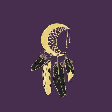 Vintage half moon dreamcatcher with feathers. Boho decoration ringのイラスト素材