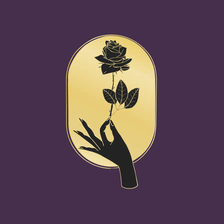 Vintage Mystic Hand holding rose flower drawing on oval shape.のイラスト素材