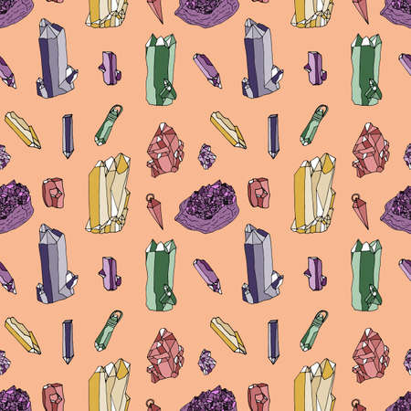 Seamless pattern with hand drawn colorful crystals and pendants on pink background.のイラスト素材