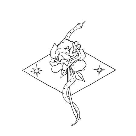 Vintage Gold and Black Mystic snake coiled around the rose flower.のイラスト素材