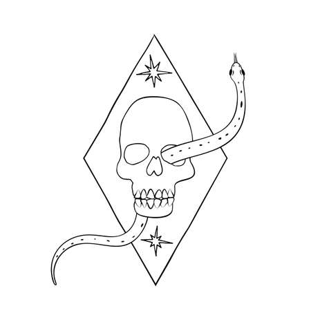 Vintage Mystic snake crawling out of the eye socket of the skull hand drawn illustrationのイラスト素材