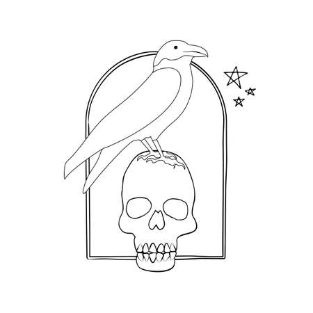 Vintage Mystic Crow sitting on human skull inside archのイラスト素材
