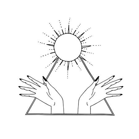 Vintage Mystic Sun and female hands inside triangle boho style drawingのイラスト素材