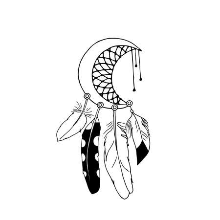 Vintage half moon dreamcatcher with feathers. Boho decoration ringのイラスト素材