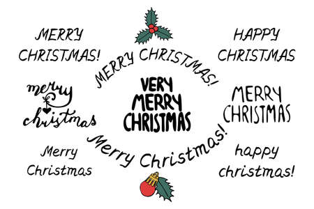 Handwritten lettering Merry Christmas phrases set.のイラスト素材