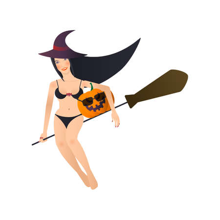 Witch on broomstick and pumpkin.のイラスト素材