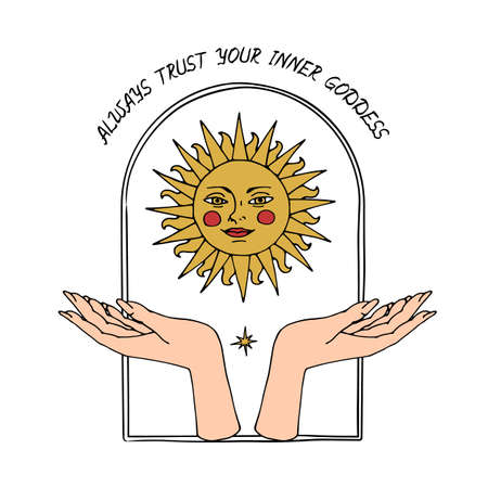 Vintage Mystic Golden Sun and female hands Illustration with Letteringのイラスト素材