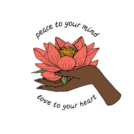 Vintage Gold and Black Mystic Hand holding lotus flower with lettering Peace to your mind love to your heartのイラスト素材