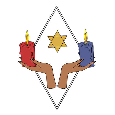 Vintage Gold and Black Mystic Hands holding candles with hexagram.のイラスト素材
