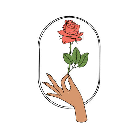 Vintage Mystic Hand holding rose flower drawing on oval shape.のイラスト素材