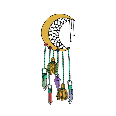 Vintage half moon dreamcatcher with crystals and tasselsのイラスト素材