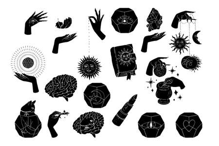 Set of witchcraft and magic items black silhouettes and scenes.のイラスト素材