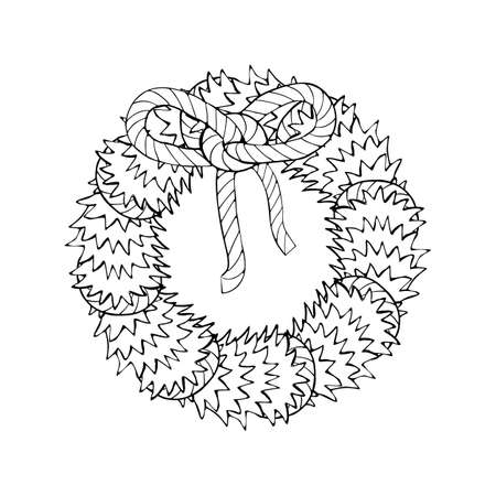 Monochrome Line Art Christmas Wreath clipart, decorated spruce green branches.のイラスト素材
