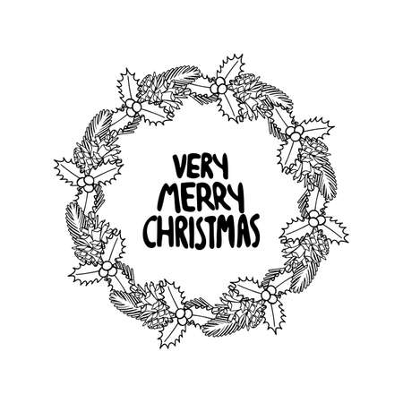 Colorful Line Art Christmas Wreath clipart, decorated spruce green branches.のイラスト素材