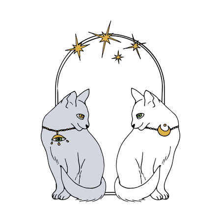 Vintage Mystic Cats inside arch decorated with starsのイラスト素材