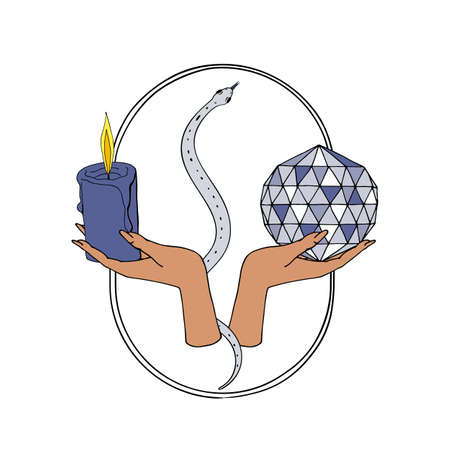 Vintage Mystic Hands holding lit candle and crystal ball on oval, with a small snake.のイラスト素材