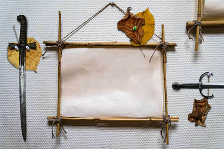 Bamboo sticks frame sign with vintage old paper.