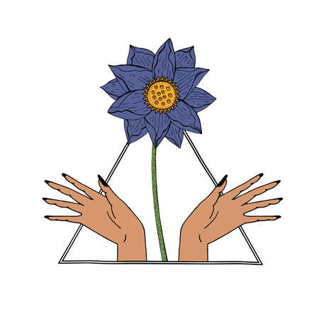 Vintage Mystic hands and lotus flower inside triangleのイラスト素材
