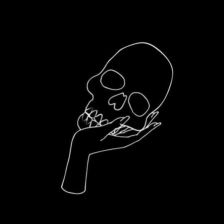 Vintage Mystic female Hand holding human skull.のイラスト素材