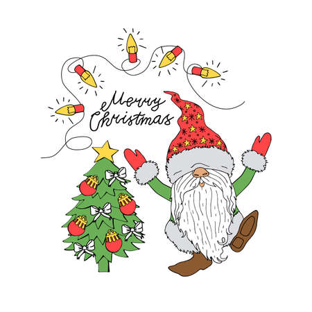 Cute line art cartoon gnome. Lettering merry Christmas. Colorful Christmas characterのイラスト素材