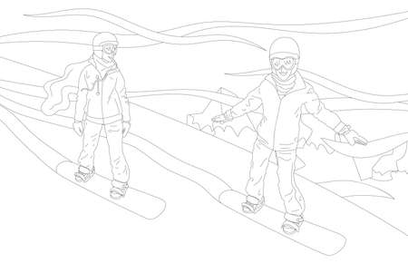 Male and female Snowboarders sliding down the hill isolated on whiteのイラスト素材