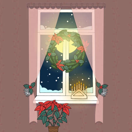 Decorated window with shinig moonのイラスト素材