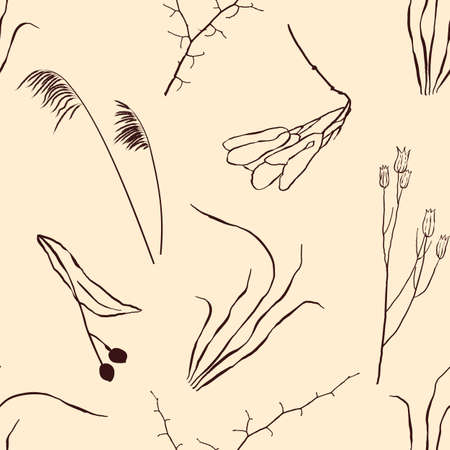 Seamless pattern with neutral botanical line drawingsのイラスト素材
