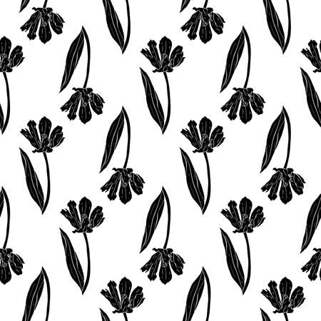 Monochrome vintage seamless pattern with tulips flowers black silhouettes on whiteのイラスト素材