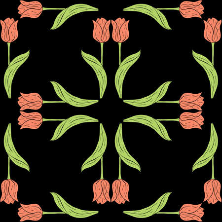 Vintage seamless pattern with pink tulips flowers and leaves on whiteのイラスト素材