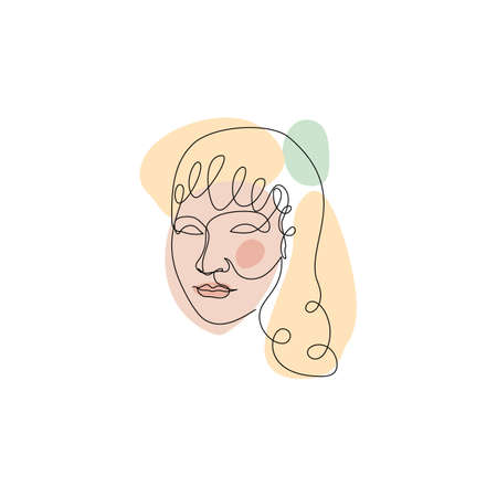 Female face single line drawing and pastel abstract shapes compositionのイラスト素材