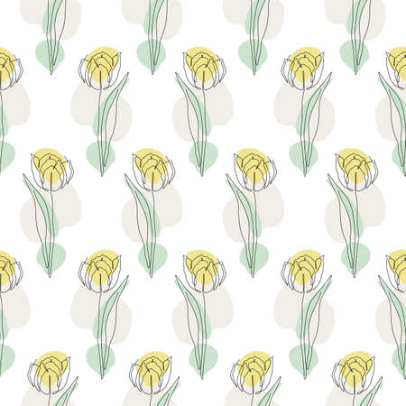 Seamless pattern with single line tulip flowers drawings and pastel abstract shapesのイラスト素材