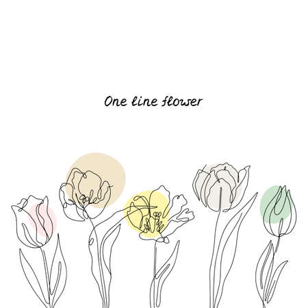 Card template with one line drawing tulips and abstarct shapes.のイラスト素材
