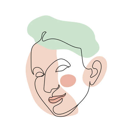 Female face single line drawing and pastel abstract shapes compositionのイラスト素材