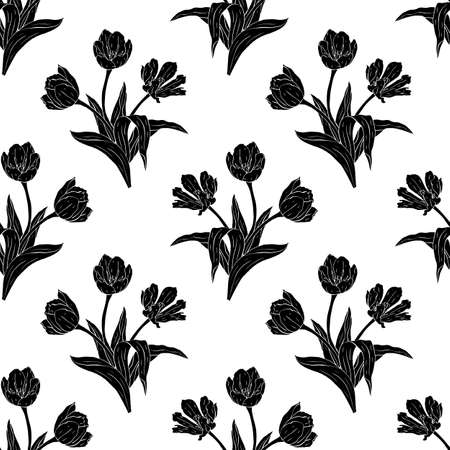 Monochrome vintage seamless pattern with tulips flowers black silhouettes on whiteのイラスト素材