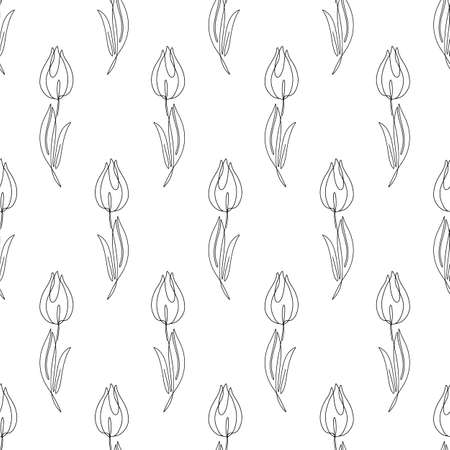 Monochrome seamless pattern with single line tulip flowers drawingsのイラスト素材