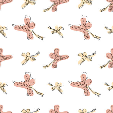 Seamless pattern with one single line drawings of hibiscus flowers and abstract shapesのイラスト素材