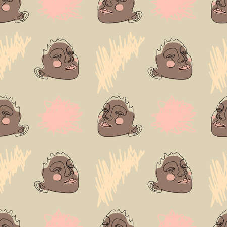 Seamless pattern with one single line drawings of female face with dark skin and abstract scribble shapes.のイラスト素材