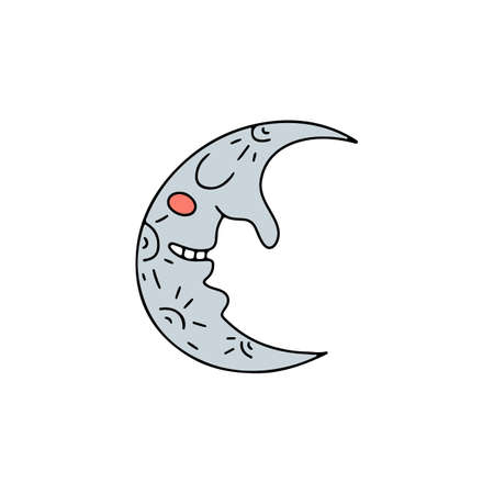 Half moon with human face. Hand drawn line art Halloween illustration.のイラスト素材