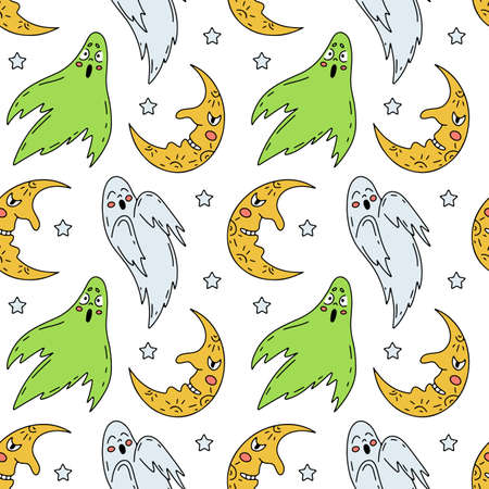 Halloween seamless pattern with cute cartoon ghosts and half moons on a white backgroundのイラスト素材