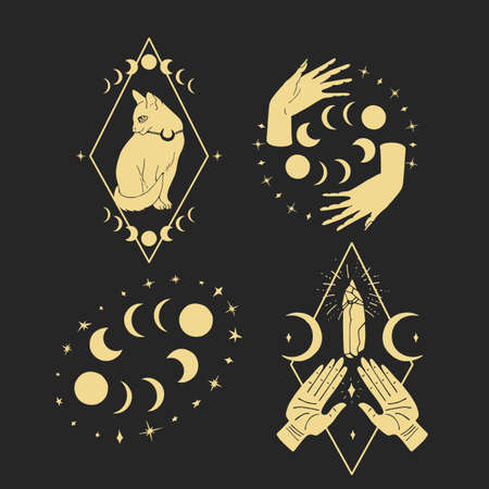 Set of gold silhouettes of mystical cat, witch hands and moon phasesのイラスト素材