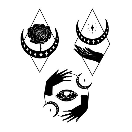 Set of black silhouettes of mystical hands with evil eye, moons and rose flower.のイラスト素材