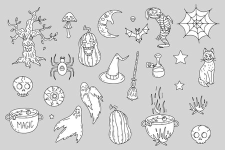 Hand drawn line art monochrome Halloween illustrationsのイラスト素材