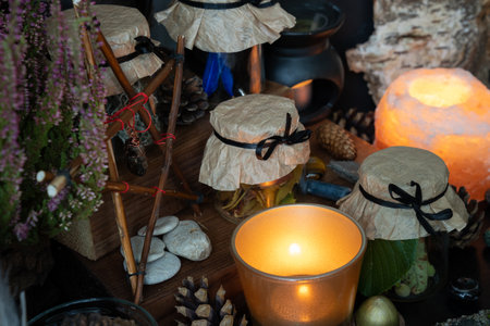 Potions in glass jars. Magic items scene