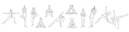 Set of single line drawings of a girl sitting and standing in a yoga poseのイラスト素材