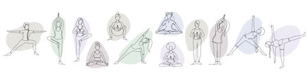 Set of single line drawings of a girl sitting and standing in a yoga pose, abstract shapes backgroundsのイラスト素材