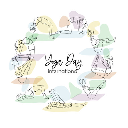Single line drawing of girls in yoga poses with abstract shapes. International Yoga day textのイラスト素材