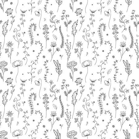 Seamless pattern with hand drawn abstract monochrome wildflowers.のイラスト素材