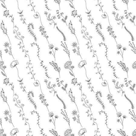 Seamless pattern with hand drawn abstract monochrome wildflowers.のイラスト素材