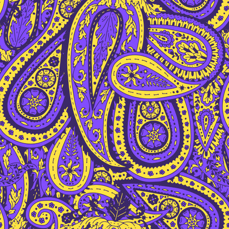 Seamless pattern with purple and yellow Paisley motifsのイラスト素材