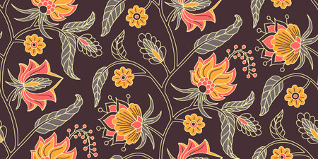 Seamless pattern with stylised indian style flowers and leaves on a stemのイラスト素材
